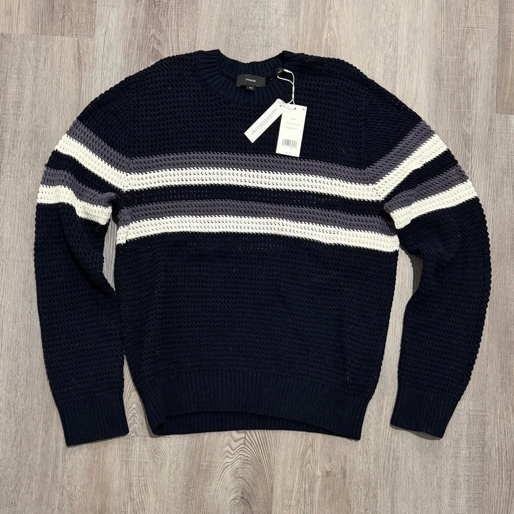 Vince Men’s Crochet Chest Stripe Crewneck Sweater in Coastal Combo